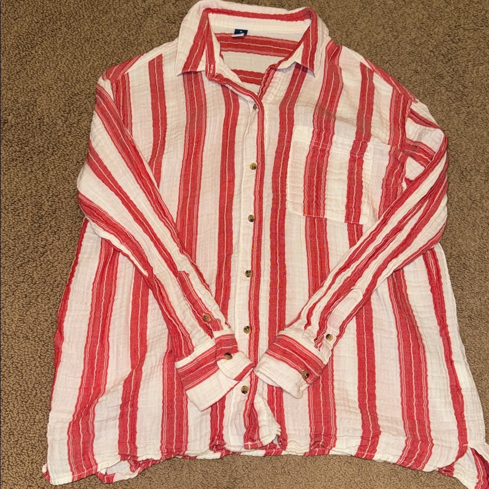 Red and White Striped Button-Up Shirt